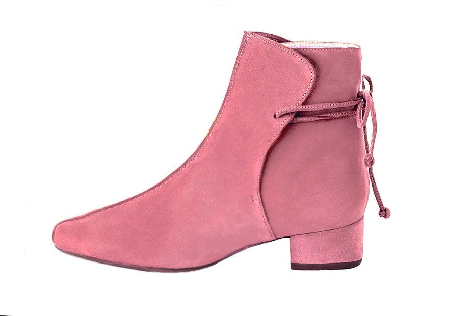 Women's blush pink back lace-up ankle boots with round toe and low block heel - Profile view